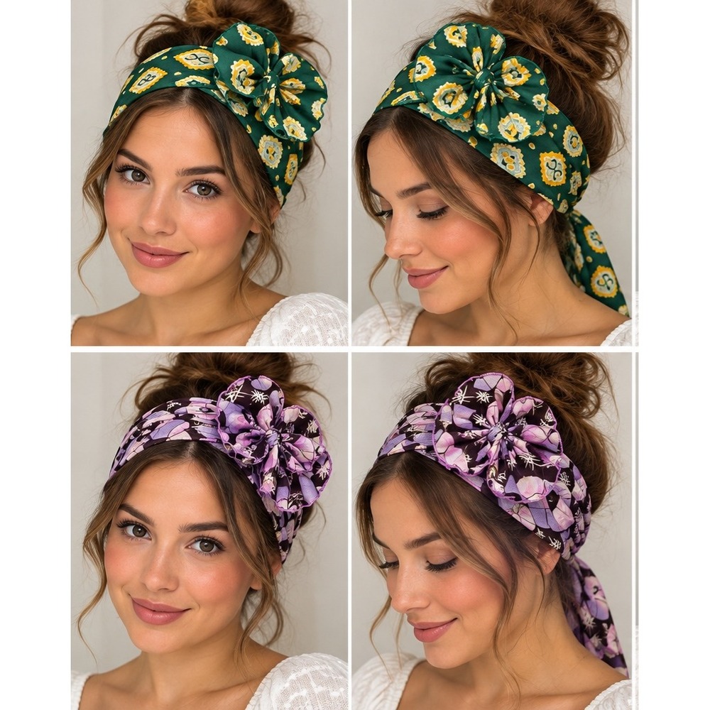 2 Vintage Head Wraps Scarves Green Purple Floral Geometric Rockabilly PinUp 80s